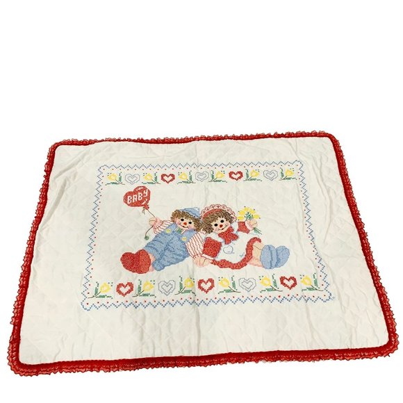 Handmade Raggedy Ann And Andy Cross stitch Quilted Lace Trim Blanket 29 x 38